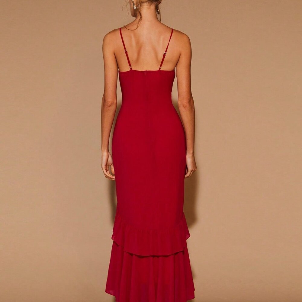 Fiery Red Elegant Women's Ruffle Trim Round Neck Long - Picture 2 of 7